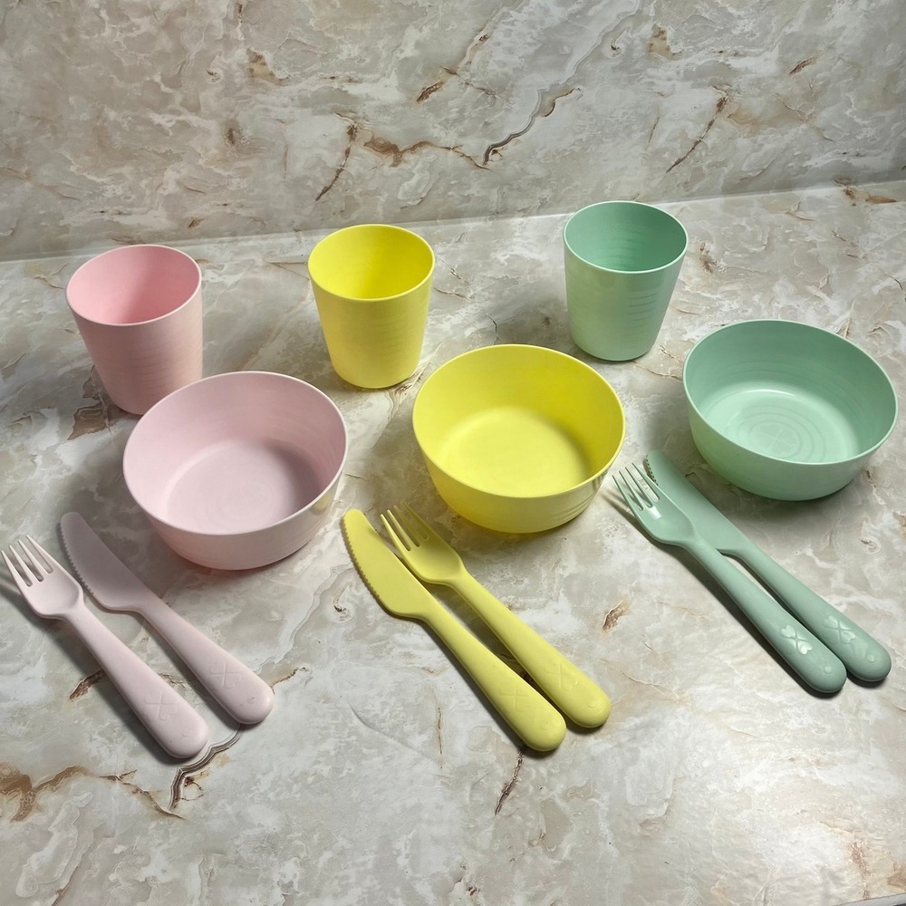 Ikea KALAS Girls 12 Pieces Bowls Cups Cutlery Mixed Pastel Colors PBA Free